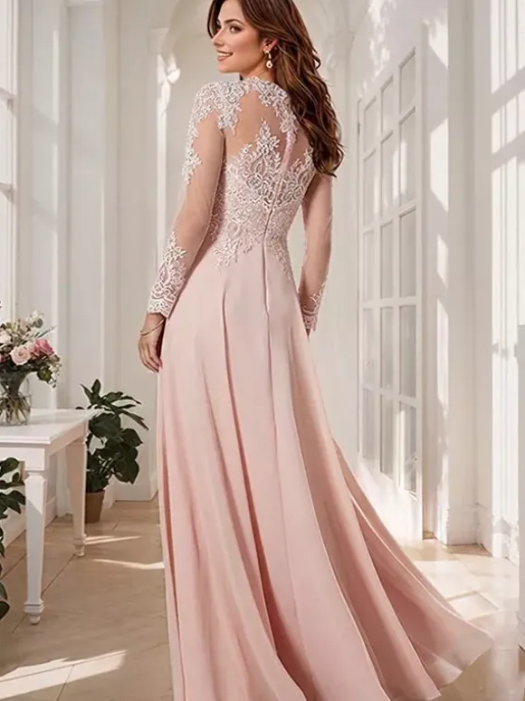 Bridal Mother Dress Illusion Neckline Long Sleeves A-Line Applique Wedding Guest Dresses