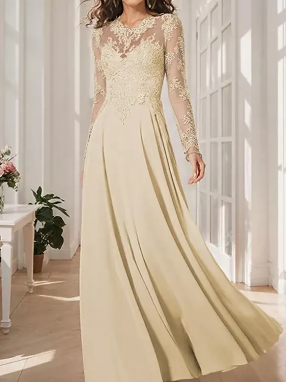 Bridal Mother Dress Illusion Neckline Long Sleeves A-Line Applique Wedding Guest Dresses