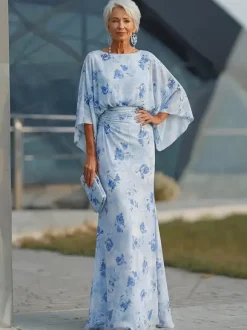 Bridal Mother Dress Jewel Neck 3/4 Length Sleeves Ball Gown Pleated Wedding Guest Dresses