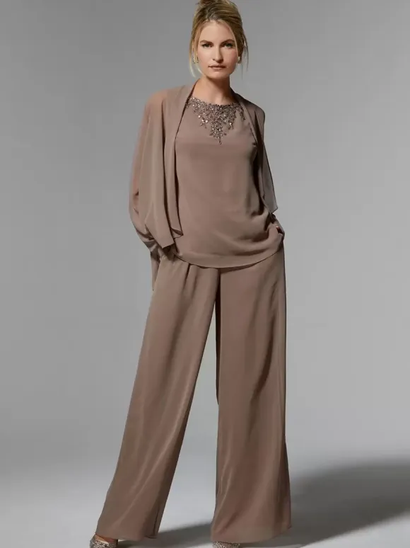 Bridal Mother Dress Jewel Neck Long Sleeves A-Line Beaded Ankle-Length Guest Dresses For Wedding