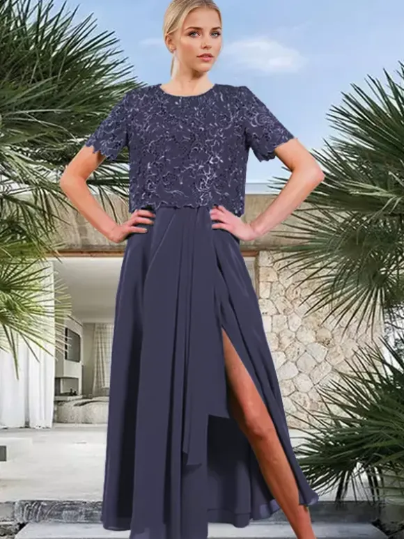 Bridal Mother Dress Jewel Neck Short Sleeves A-Line Split Front Guest Dresses For Wedding