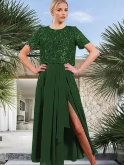 Bridal Mother Dress Jewel Neck Short Sleeves A-Line Split Front Guest Dresses For Wedding