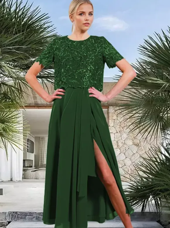 Bridal Mother Dress Jewel Neck Short Sleeves A-Line Split Front Guest Dresses For Wedding