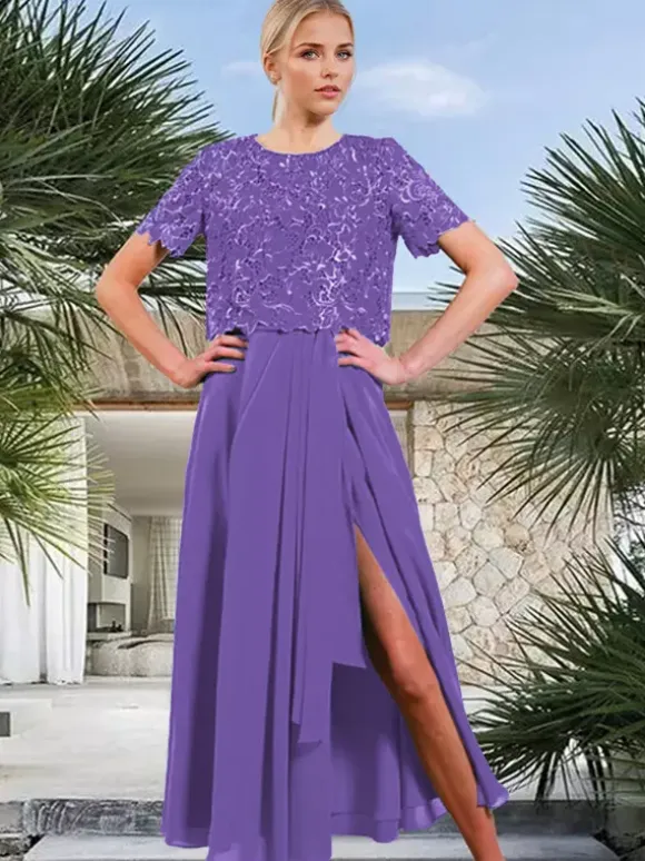 Bridal Mother Dress Jewel Neck Short Sleeves A-Line Split Front Guest Dresses For Wedding