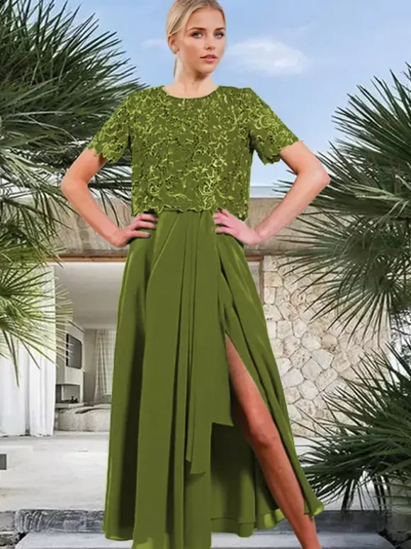 Bridal Mother Dress Jewel Neck Short Sleeves A-Line Split Front Guest Dresses For Wedding
