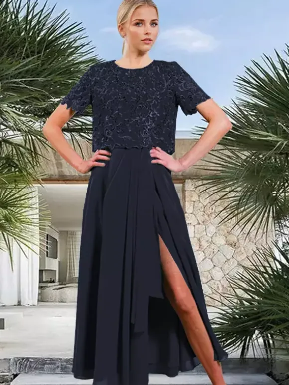 Bridal Mother Dress Jewel Neck Short Sleeves A-Line Split Front Guest Dresses For Wedding