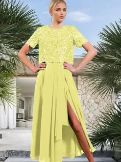 Bridal Mother Dress Jewel Neck Short Sleeves A-Line Split Front Guest Dresses For Wedding