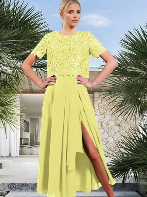 Bridal Mother Dress Jewel Neck Short Sleeves A-Line Split Front Guest Dresses For Wedding