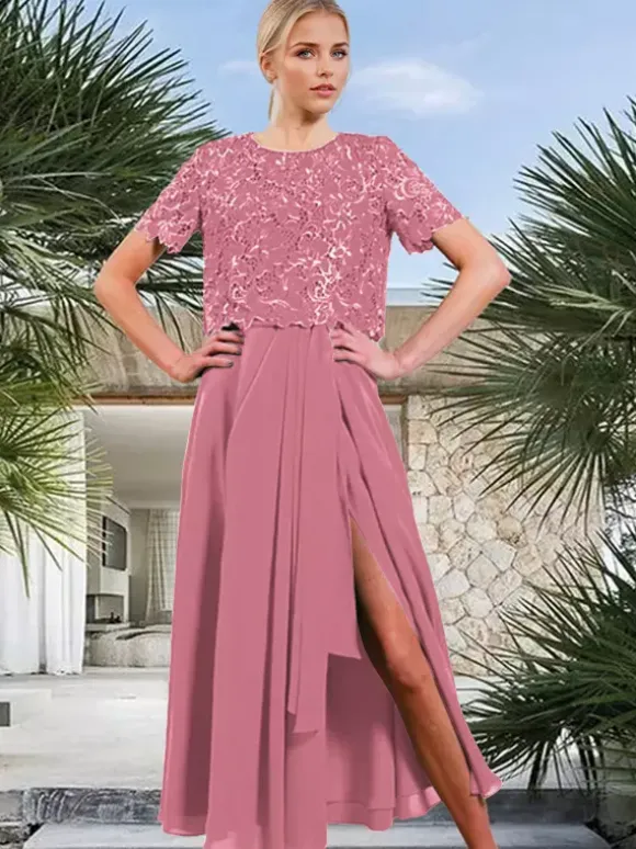 Bridal Mother Dress Jewel Neck Short Sleeves A-Line Split Front Guest Dresses For Wedding