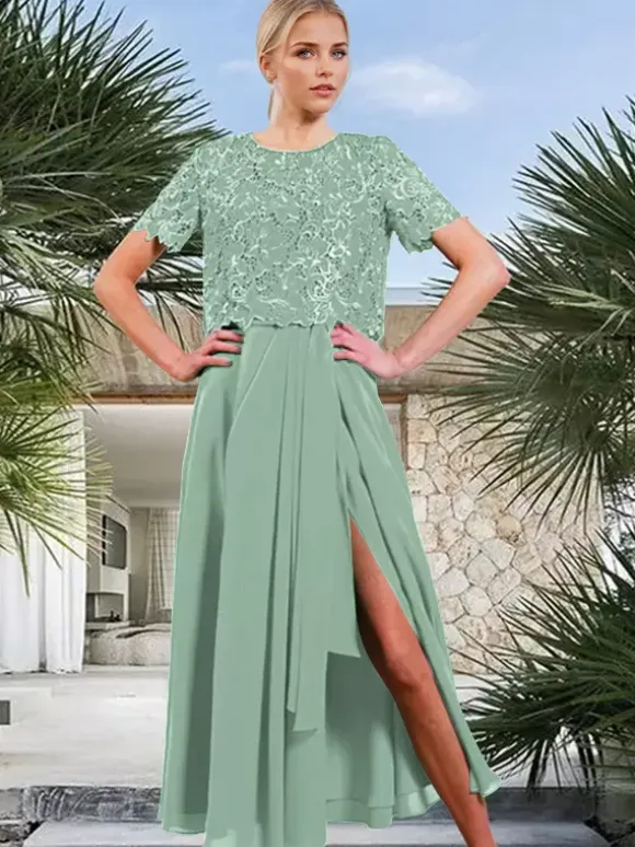 Bridal Mother Dress Jewel Neck Short Sleeves A-Line Split Front Guest Dresses For Wedding
