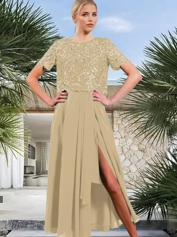 Bridal Mother Dress Jewel Neck Short Sleeves A-Line Split Front Guest Dresses For Wedding