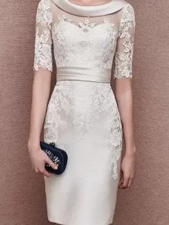 Bridal Mother Dress Jewel Neck Half Sleeves Lace Tea-Length Sheath Guest Dresses For Wedding Free Customization