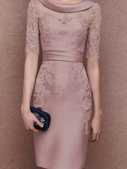Bridal Mother Dress Jewel Neck Half Sleeves Lace Tea-Length Sheath Guest Dresses For Wedding Free Customization