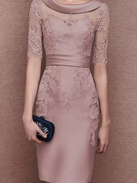 Bridal Mother Dress Jewel Neck Half Sleeves Lace Tea-Length Sheath Guest Dresses For Wedding Free Customization