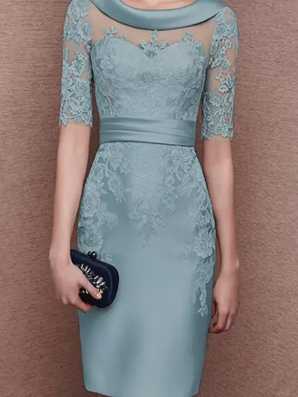 Bridal Mother Dress Jewel Neck Half Sleeves Lace Tea-Length Sheath Guest Dresses For Wedding Free Customization