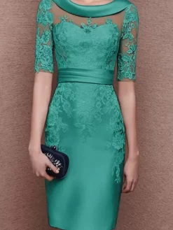 Bridal Mother Dress Jewel Neck Half Sleeves Lace Tea-Length Sheath Guest Dresses For Wedding Free Customization