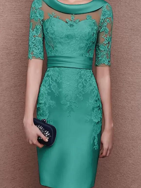Bridal Mother Dress Jewel Neck Half Sleeves Lace Tea-Length Sheath Guest Dresses For Wedding Free Customization