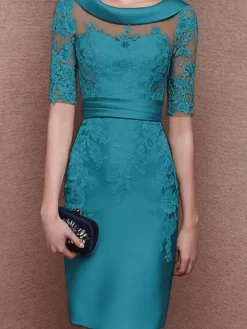 Bridal Mother Dress Jewel Neck Half Sleeves Lace Tea-Length Sheath Guest Dresses For Wedding Free Customization