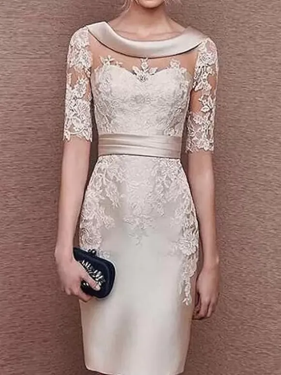 Bridal Mother Dress Jewel Neck Half Sleeves Lace Tea-Length Sheath Guest Dresses For Wedding Free Customization