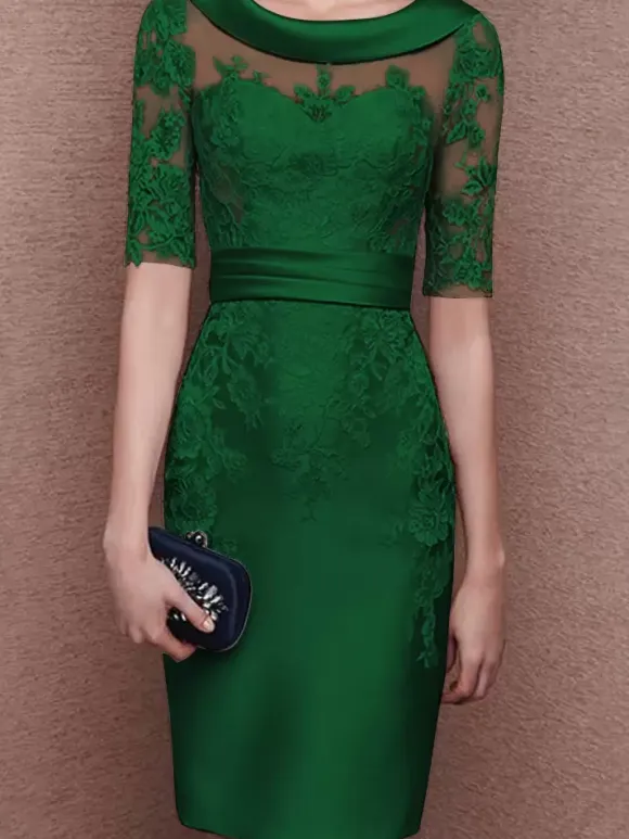 Bridal Mother Dress Jewel Neck Half Sleeves Lace Tea-Length Sheath Guest Dresses For Wedding Free Customization