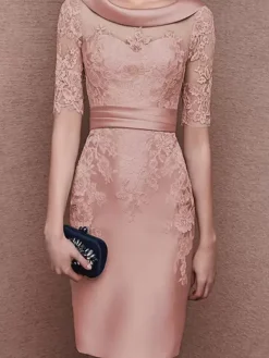 Bridal Mother Dress Jewel Neck Half Sleeves Lace Tea-Length Sheath Guest Dresses For Wedding Free Customization