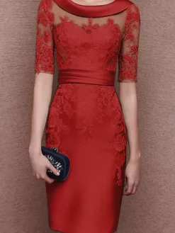 Bridal Mother Dress Jewel Neck Half Sleeves Lace Tea-Length Sheath Guest Dresses For Wedding Free Customization