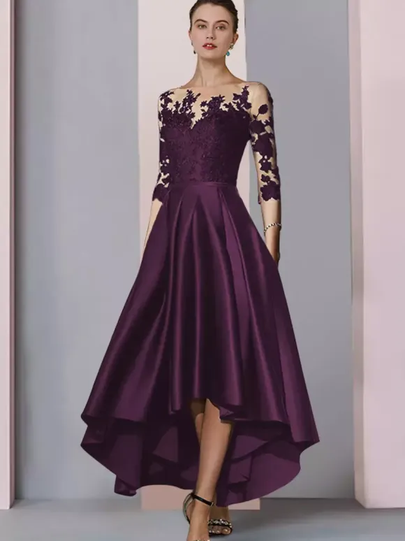 Bridal Mother Dress Jewel Neck 3/4 Length Sleeves A-Line Lace Tea-Length Guest Dresses For Wedding