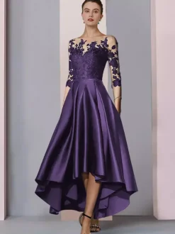 Bridal Mother Dress Jewel Neck 3/4 Length Sleeves A-Line Lace Tea-Length Guest Dresses For Wedding