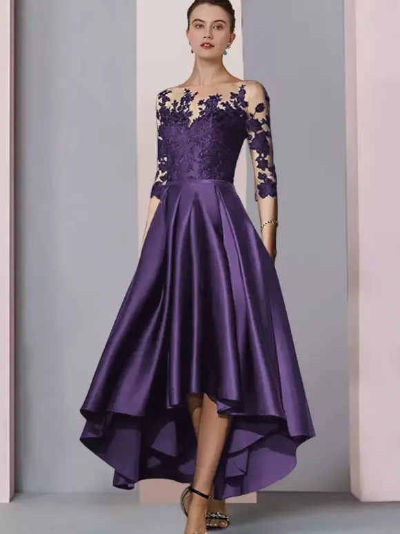 Bridal Mother Dress Jewel Neck 3/4 Length Sleeves A-Line Lace Tea-Length Guest Dresses For Wedding
