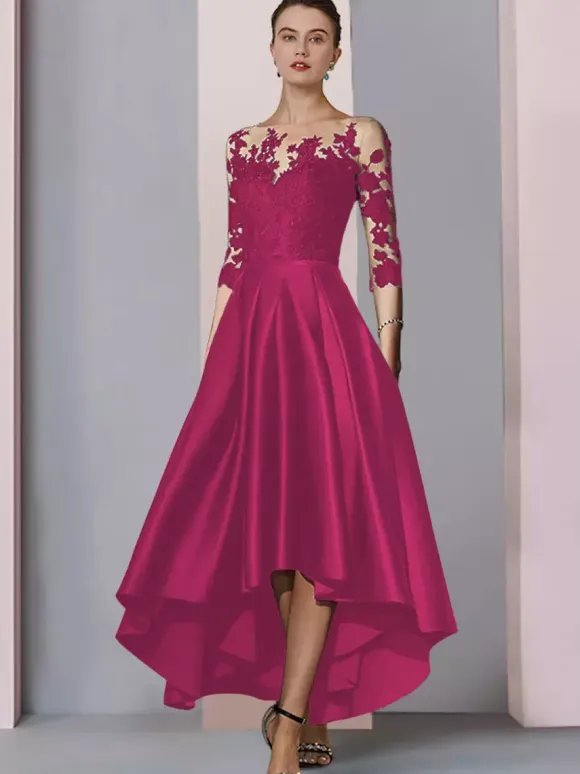 Bridal Mother Dress Jewel Neck 3/4 Length Sleeves A-Line Lace Tea-Length Guest Dresses For Wedding