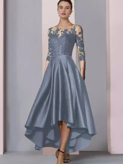 Bridal Mother Dress Jewel Neck 3/4 Length Sleeves A-Line Lace Tea-Length Guest Dresses For Wedding
