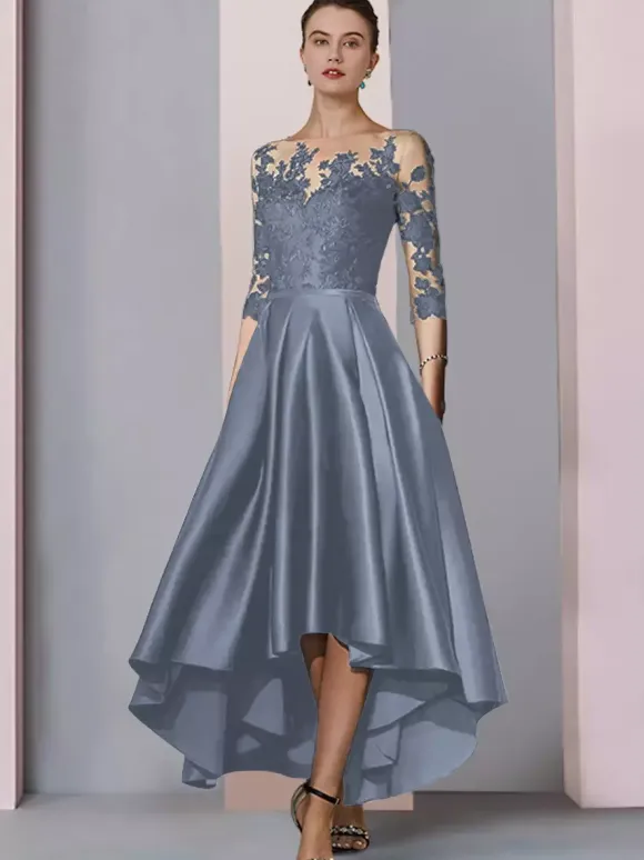 Bridal Mother Dress Jewel Neck 3/4 Length Sleeves A-Line Lace Tea-Length Guest Dresses For Wedding