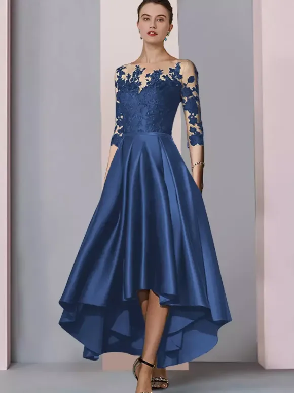 Bridal Mother Dress Jewel Neck 3/4 Length Sleeves A-Line Lace Tea-Length Guest Dresses For Wedding