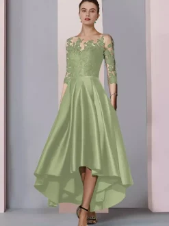 Bridal Mother Dress Jewel Neck 3/4 Length Sleeves A-Line Lace Tea-Length Guest Dresses For Wedding