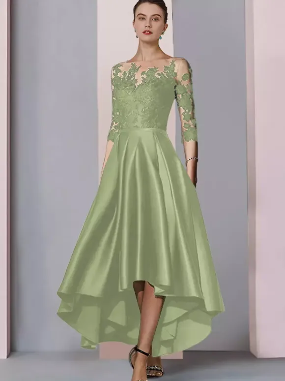 Bridal Mother Dress Jewel Neck 3/4 Length Sleeves A-Line Lace Tea-Length Guest Dresses For Wedding