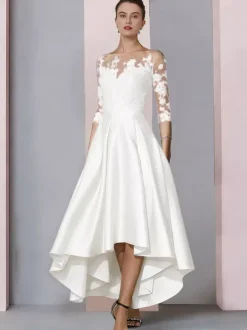 Bridal Mother Dress Jewel Neck 3/4 Length Sleeves A-Line Lace Tea-Length Guest Dresses For Wedding