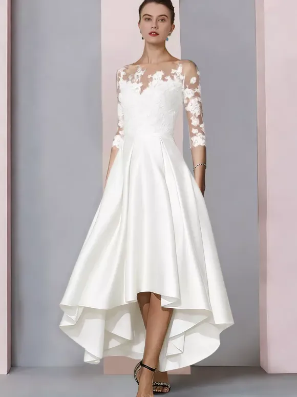 Bridal Mother Dress Jewel Neck 3/4 Length Sleeves A-Line Lace Tea-Length Guest Dresses For Wedding