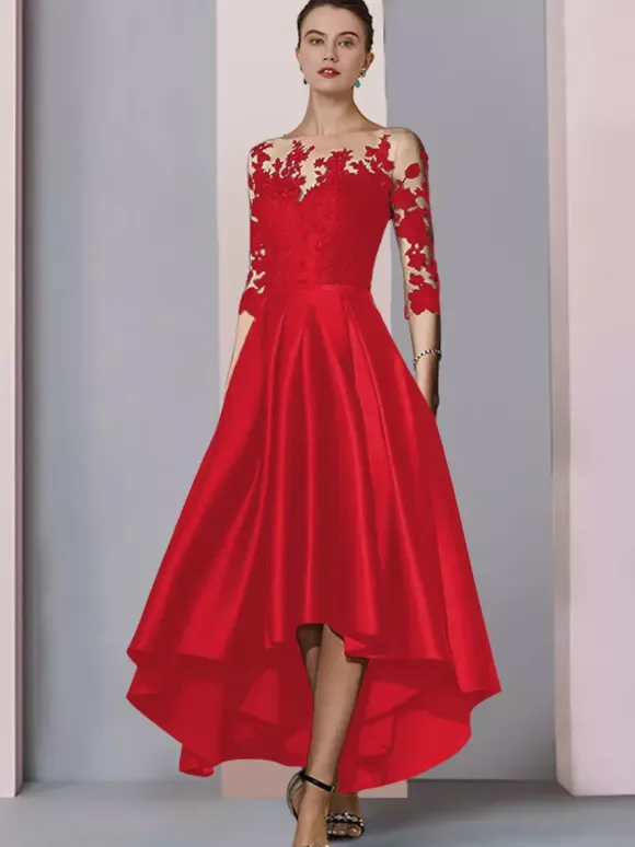 Bridal Mother Dress Jewel Neck 3/4 Length Sleeves A-Line Lace Tea-Length Guest Dresses For Wedding
