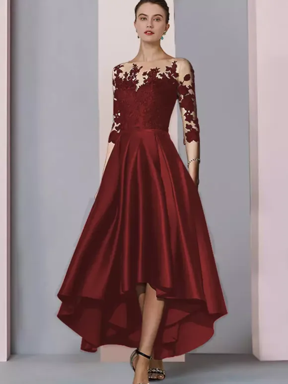 Bridal Mother Dress Jewel Neck 3/4 Length Sleeves A-Line Lace Tea-Length Guest Dresses For Wedding