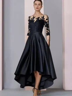 Bridal Mother Dress Jewel Neck 3/4 Length Sleeves A-Line Lace Tea-Length Guest Dresses For Wedding