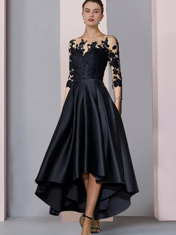 Bridal Mother Dress Jewel Neck 3/4 Length Sleeves A-Line Lace Tea-Length Guest Dresses For Wedding