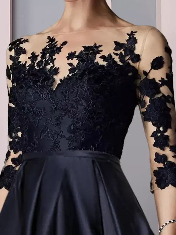 Bridal Mother Dress Jewel Neck 3/4 Length Sleeves A-Line Lace Tea-Length Guest Dresses For Wedding