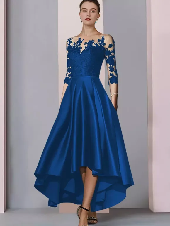 Bridal Mother Dress Jewel Neck 3/4 Length Sleeves A-Line Lace Tea-Length Guest Dresses For Wedding