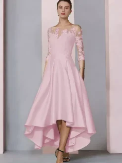 Bridal Mother Dress Jewel Neck 3/4 Length Sleeves A-Line Lace Tea-Length Guest Dresses For Wedding