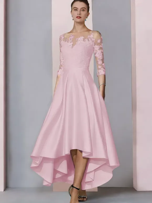 Bridal Mother Dress Jewel Neck 3/4 Length Sleeves A-Line Lace Tea-Length Guest Dresses For Wedding