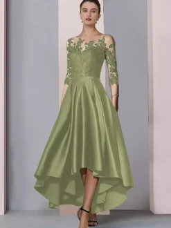 Bridal Mother Dress Jewel Neck 3/4 Length Sleeves A-Line Lace Tea-Length Guest Dresses For Wedding