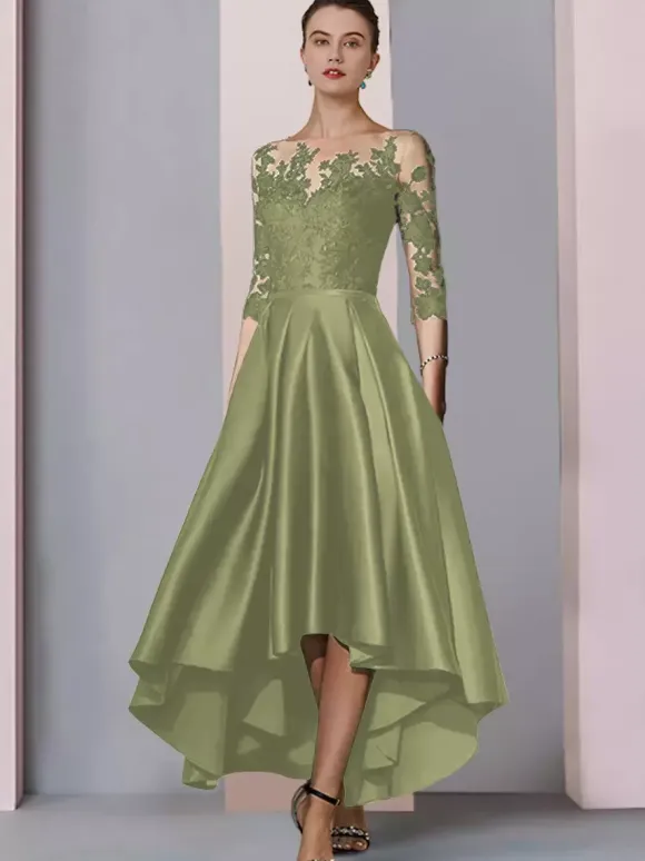 Bridal Mother Dress Jewel Neck 3/4 Length Sleeves A-Line Lace Tea-Length Guest Dresses For Wedding