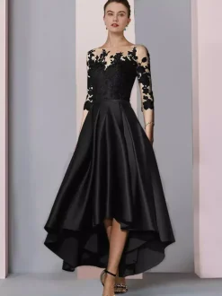 Bridal Mother Dress Jewel Neck 3/4 Length Sleeves A-Line Lace Tea-Length Guest Dresses For Wedding