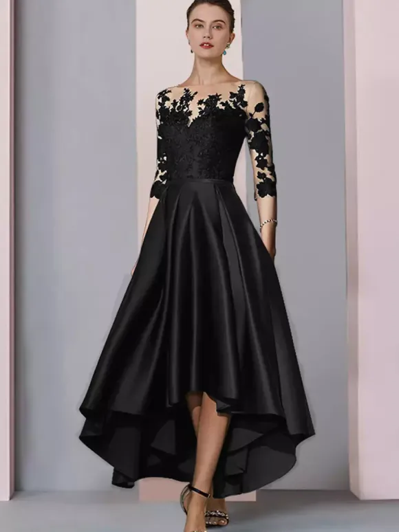 Bridal Mother Dress Jewel Neck 3/4 Length Sleeves A-Line Lace Tea-Length Guest Dresses For Wedding