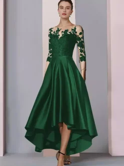 Bridal Mother Dress Jewel Neck 3/4 Length Sleeves A-Line Lace Tea-Length Guest Dresses For Wedding